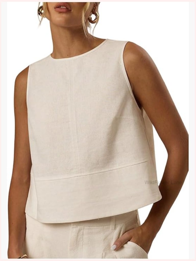 Women's Linen Blend Sleeveless Crop Tank Top - Summer Work Top